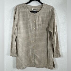 Cambridge Dry Goods | Earthy Linen Blend Top | Neutral Check Button Down M